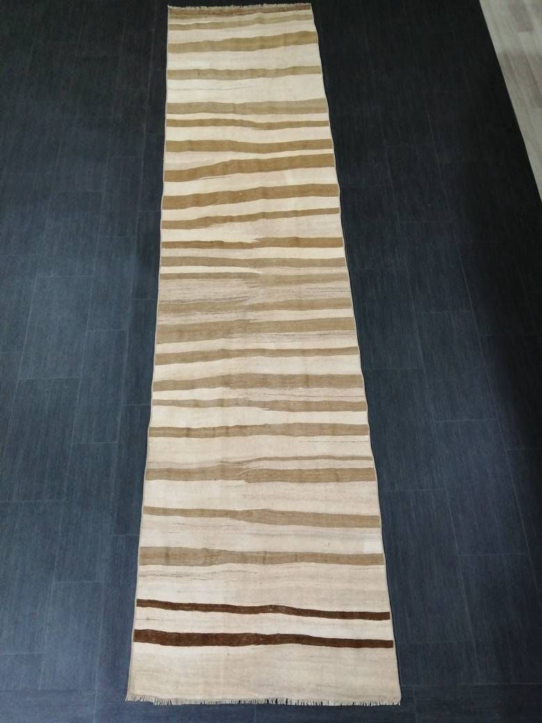 Neutral Vintage Runner rug , Neutral Flat woven Kilim Runner 11.6 x 2.7 Oriental Runner Rug, Oriental Carpet, Vintage Kilim Rug Wool Carpet