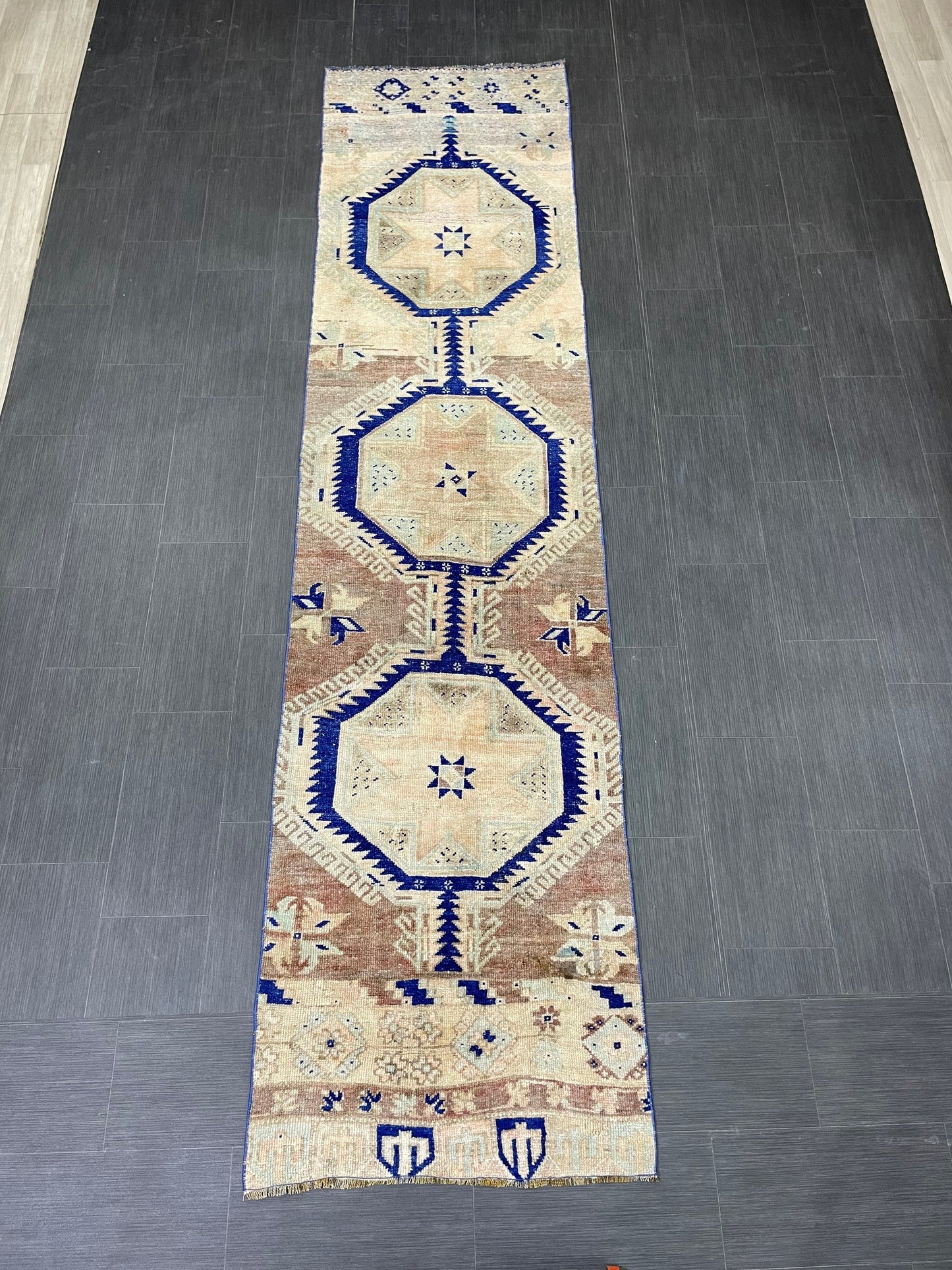 Muted Vintage Runner Rug 2.8 x 11.4 Muted Turkish Runner Star Rug Navy Oushak Runner Rug Hallway Runner Kitchen Runner Rug Wool Runner