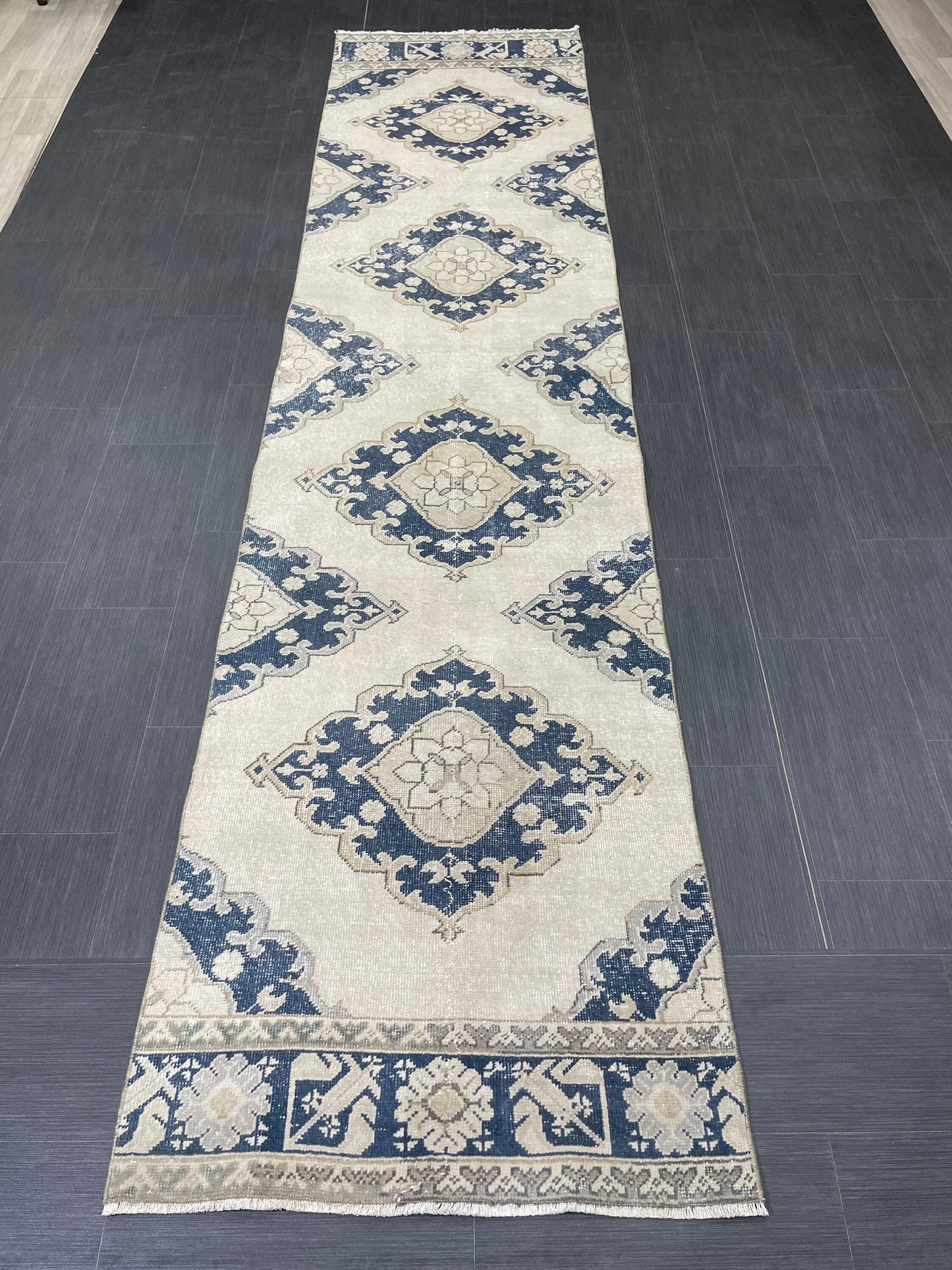 WOOL Handmade Runner Rug Turkish Runner Rug 2.7 x 12.3 Muted Vintage Hallway Runner Rug Kitchen Runner Rug Persian Runner Rug Navy