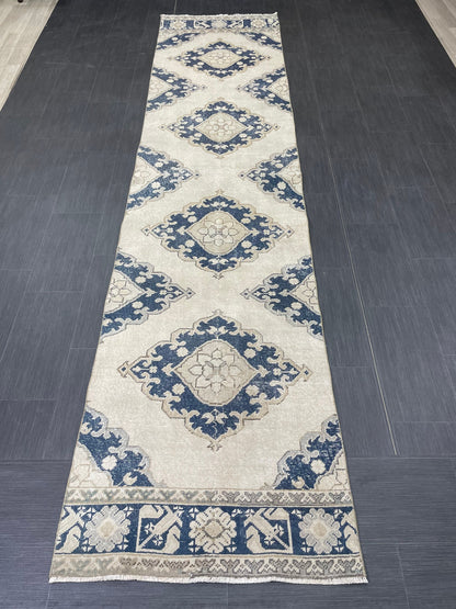 WOOL Handmade Runner Rug Turkish Runner Rug 2.7 x 12.3 Muted Vintage Hallway Runner Rug Kitchen Runner Rug Persian Runner Rug Navy