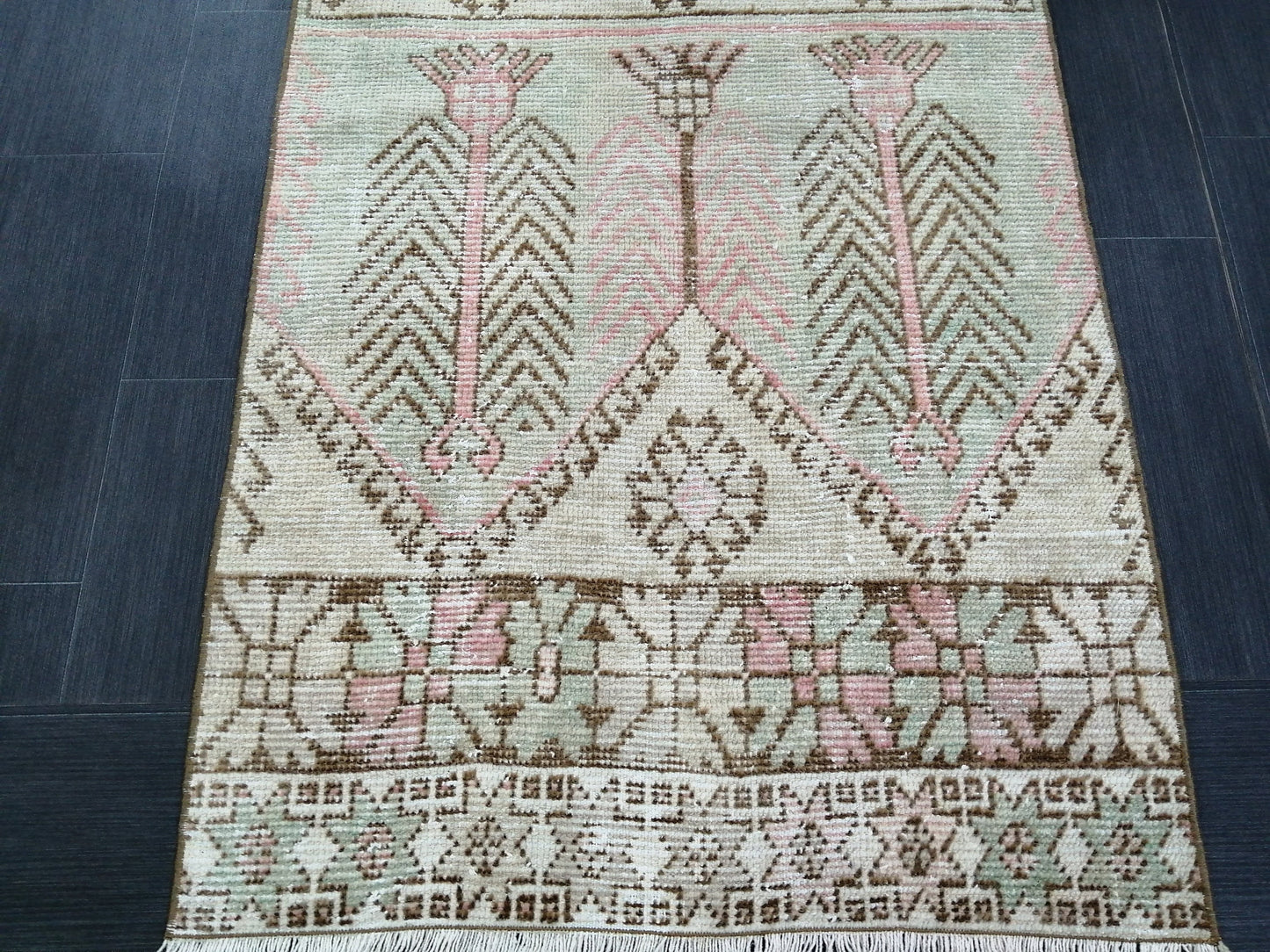 Muted Oushak Runner Rug 11.3 x 3  Pink and Green Vintage Runner Rug Distressed Hallway Runner Rug Kitchen Runner Rug Wool Runner Rug