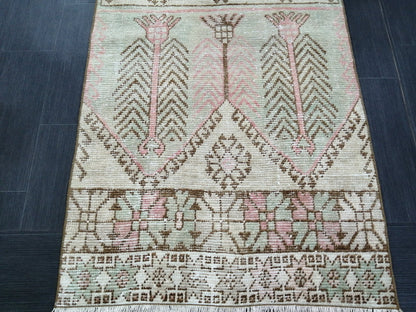 Muted Oushak Runner Rug 11.3 x 3  Pink and Green Vintage Runner Rug Distressed Hallway Runner Rug Kitchen Runner Rug Wool Runner Rug