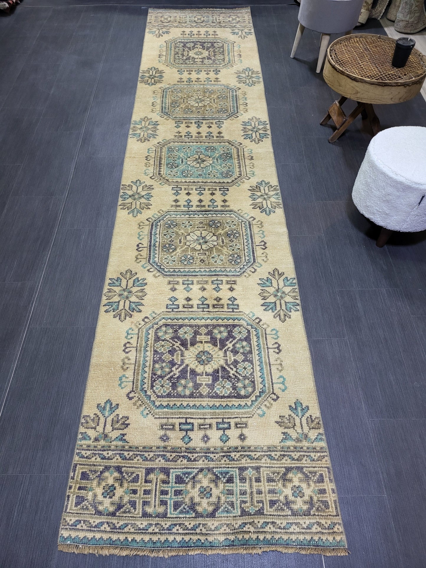 WOOL Oushak Runner Rug, Turkish Runner 2.6 x 11.2 Rug, Vintage Runner Rug ,Hallway Runner Rug, Kitchen Runner Rug Persian Runner Rug