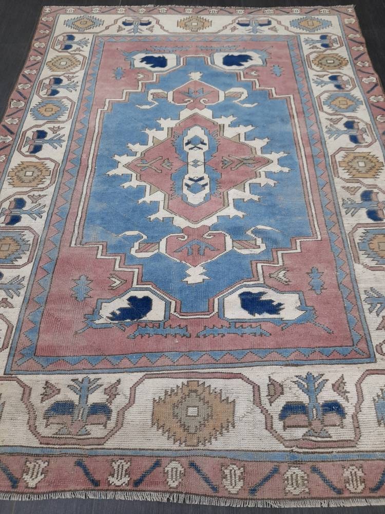 Blue Distressed Wool 5.6 x 7.8 RUG TURKISH Rug Vintage Oriental Rug Vintage Rug Oushak Rug Hand Made Rug Vintage Hand Knotted Turkish Rug
