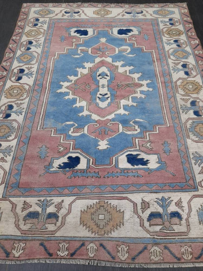 Blue Distressed Wool 5.6 x 7.8 RUG TURKISH Rug Vintage Oriental Rug Vintage Rug Oushak Rug Hand Made Rug Vintage Hand Knotted Turkish Rug