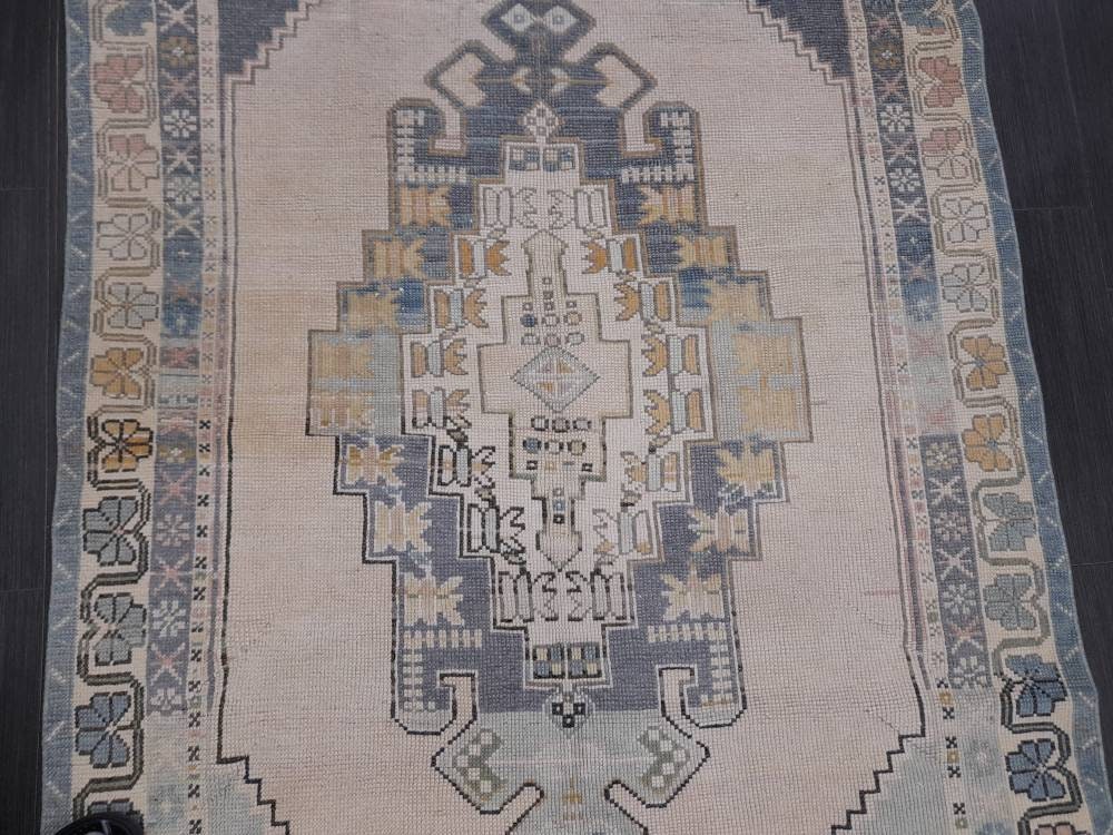 Vintage RUG 4.2 x 5 Turkish Oushak Rug Antique Rug Vintage Blue Wool Muted Oriental Rug Hand Made Rug Hand Knotted Turkish Rug Oriental Fun