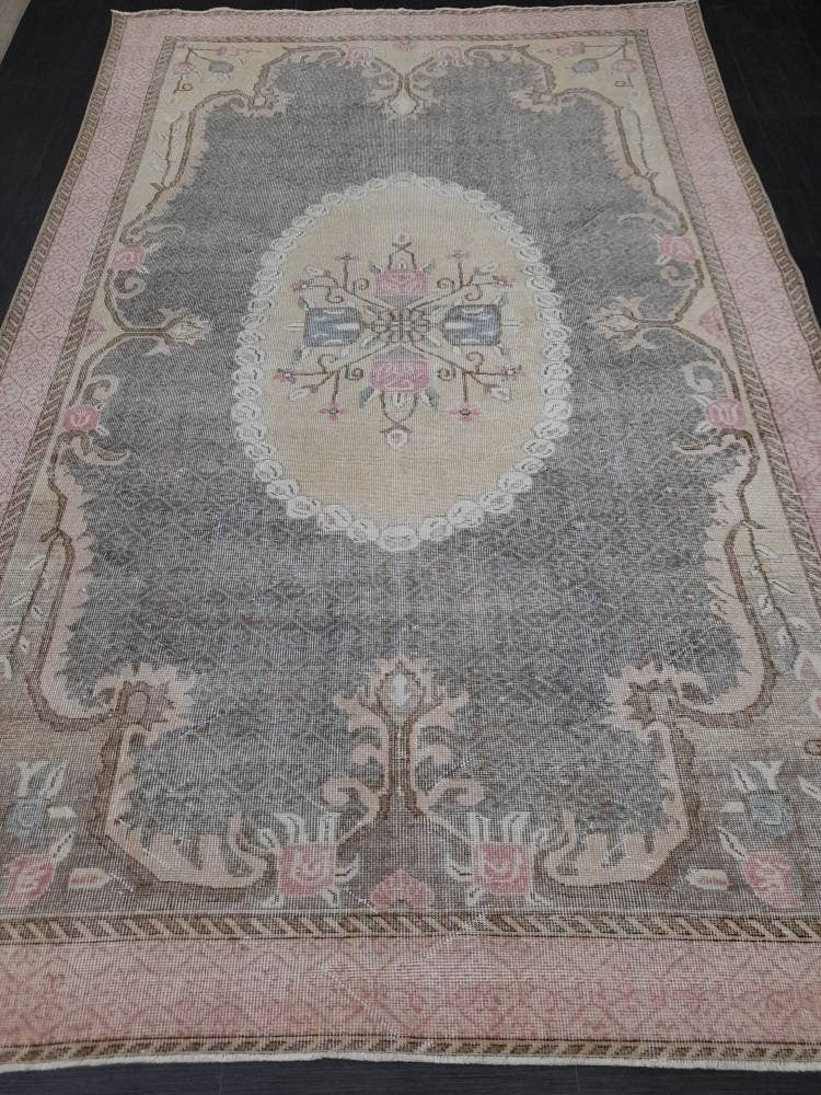 Floral Vintage OUSHAK RUG Antique TURKISH Rug Vintage Distressed Oriental Rug 6.6 x 10.4 Wool  Rug Hand Made Vintage Rug 7x10 Turkish Rug