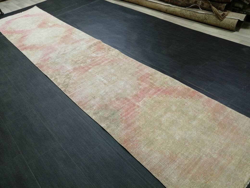 Distressed Antique Runner Rug 2.7 x 13.6 Turkish Vintage Runner Rug