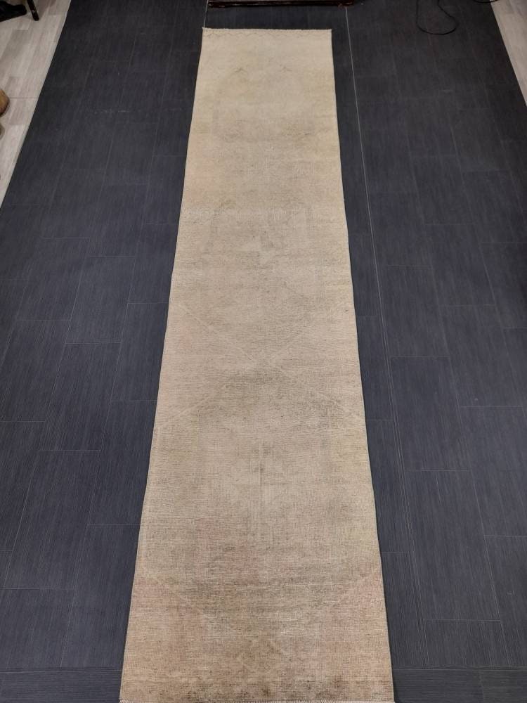 Neutral Vintage Hand Made Runner Rug Turkish Runner Rug 2.8 x 12.3 Faded Vintage Runner Rug Hallway Runner Rug Neutral Kitchen Runner Rug