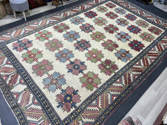 Vintage OUSHAK RUG, TURKISH 8.5 x 13.3 Rug, Large Persian Rug, Vintage Oriental Rug, Vintage Handmade Rug, Blue Wool Rug