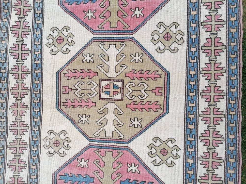 Bohemian pink color rug, pastel green oushak blue rug , turkish wool rug, handmade living room rug 5'9x9'5 feet