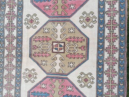 Bohemian pink color rug, pastel green oushak blue rug , turkish wool rug, handmade living room rug 5'9x9'5 feet