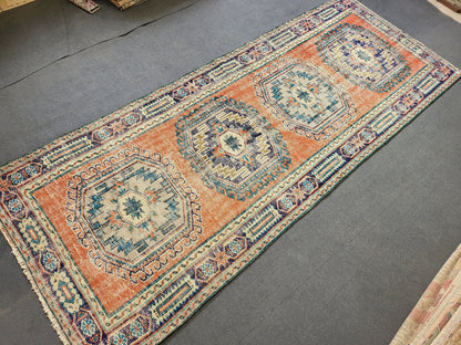 Distressed Runner Rug Vintage 4.2 x 10.9 Turkish Runner Rug Vintage Runner Rug Handmade Runner Rug Kitchen Runner Rug Persian Runner Rug