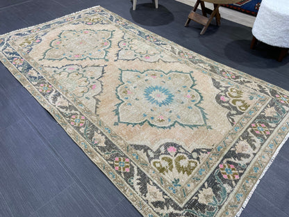 Vintage Rug, Hand Knotted 3.7 x 6.8 Rug, Turkish Runner Rug, Vintage Runner Rug, Hallway Rug, Wool Kitchen Rug, Handmade Rug,