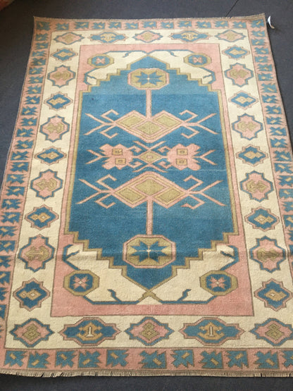 4x6 feet handmade living room area rug, large bedroom floor rug, turkish bathroom rug, hallway big rug, blue wool muted rug, bohemian rugs