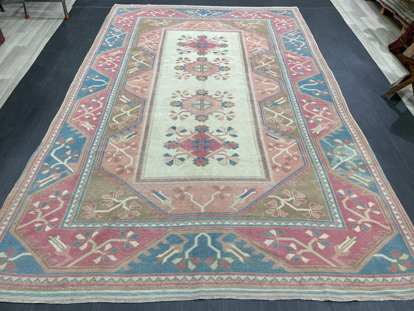 Hand Knotted Oushak Rug 6.8 x 10.3 Vintage Rug Handmade Turkish Rug Persian Rug Vintage Rug, Wool  Blue and Pink Rug Large Rug