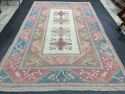 Hand Knotted Oushak Rug 6.8 x 10.3 Vintage Rug Handmade Turkish Rug Persian Rug Vintage Rug, Wool  Blue and Pink Rug Large Rug