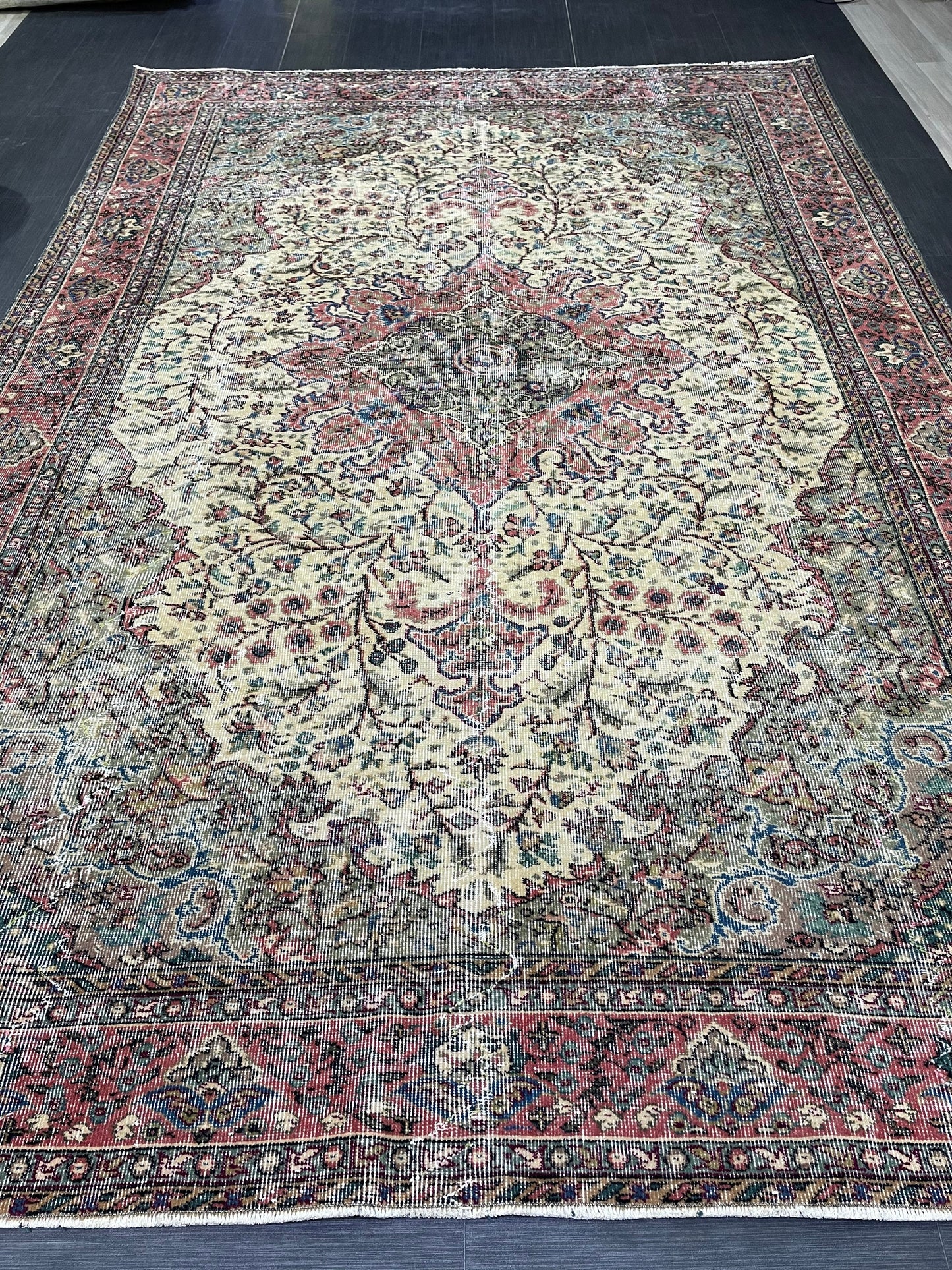 Vintage Rug, Persian Rug, Handmade Rug Muted Vintage 7 x 10.5 Rug, Hand Knotted Rug, Turkish Oushak Rug, Vintage Wool Turkish Rug
