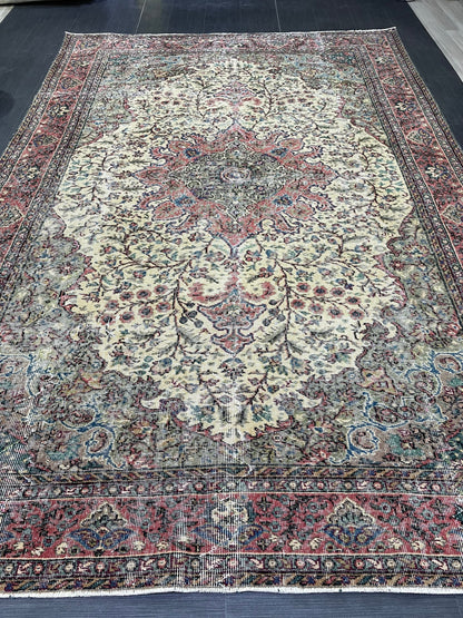 Vintage Rug, Persian Rug, Handmade Rug Muted Vintage 7 x 10.5 Rug, Hand Knotted Rug, Turkish Oushak Rug, Vintage Wool Turkish Rug