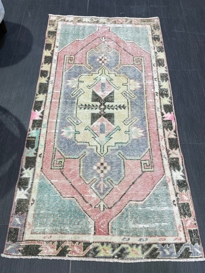 Turkish Rug, Hand Knotted Rug, 2.7 x 5 Living Room Rug, Bathroom Rug, Vanity Rug, Vintage Oushak Rug, Wool Vintage Rugs, Distressed Rug