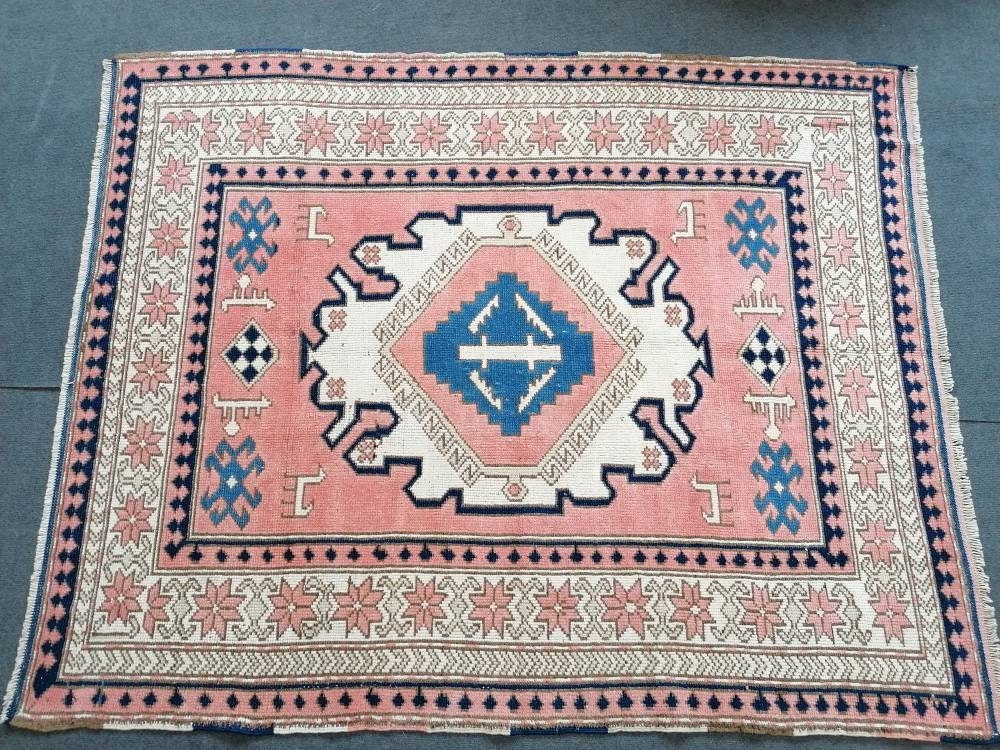 Vintage blue rug, oushak pink rug 4'9x6 handmade wool rug, living room rug