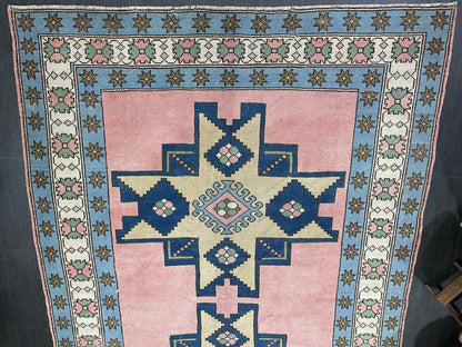 Wool OUSHAK RUG TURKISH 6.6 x 10 Rug  Vintage Oriental Rug Vintage Handmade Rug Wool Vintage Pink and Blue Rug Hand Knotted Rug
