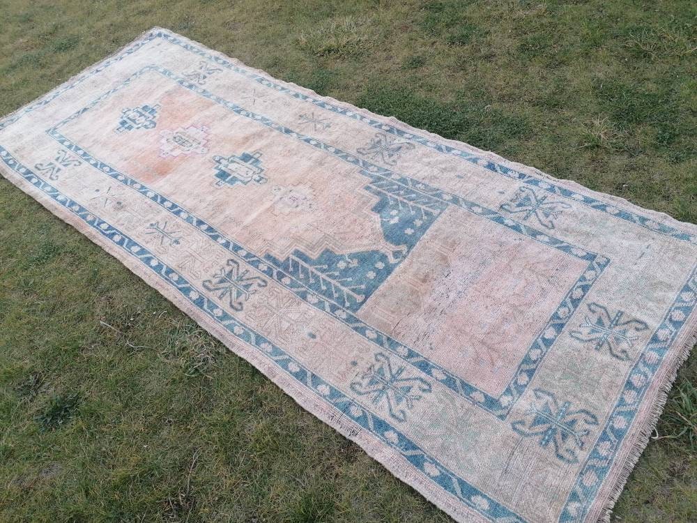 4'6x12 vintage turkish runner rug, oushak vintage rug, handmade hallway runner, kitchen wool runner