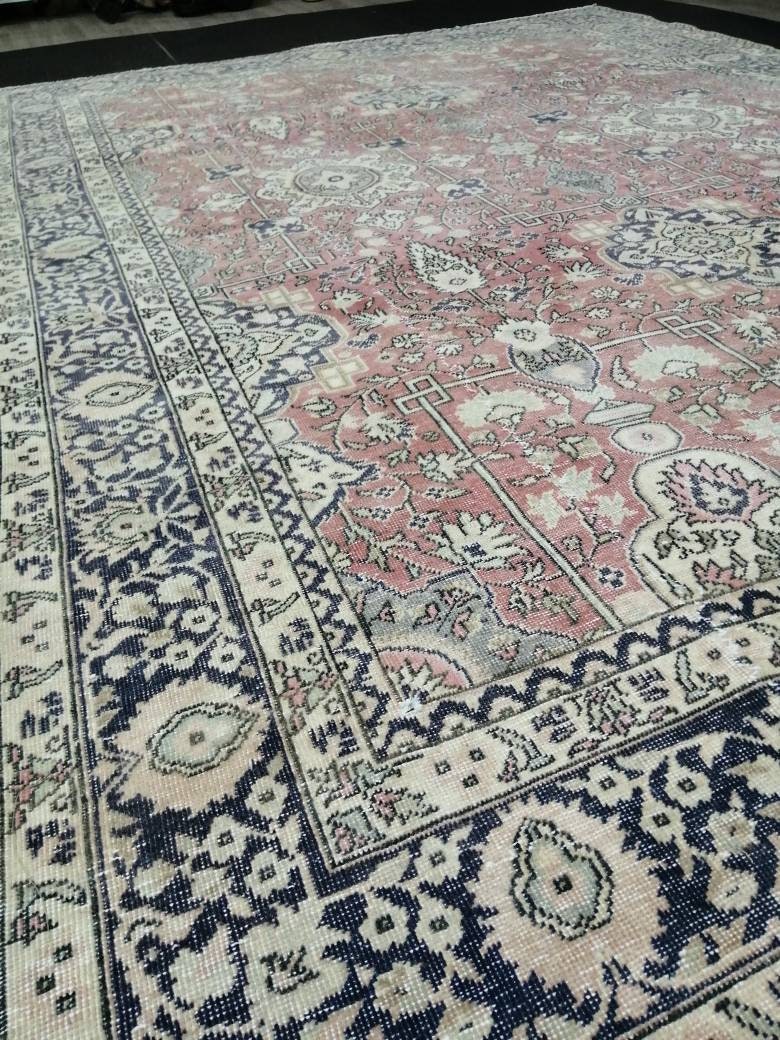 Muted Persian RUG 7.7 x 11 Turkish Oushak Rug Vintage Antique Rug Vintage Blue Pink Rug Wool Muted Oriental Rug Hand Made Rug