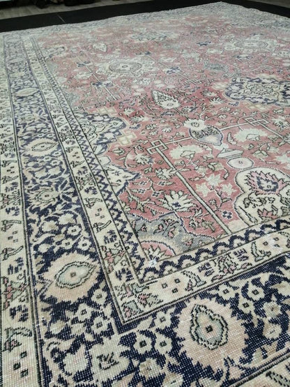 Muted Persian RUG 7.7 x 11 Turkish Oushak Rug Vintage Antique Rug Vintage Blue Pink Rug Wool Muted Oriental Rug Hand Made Rug