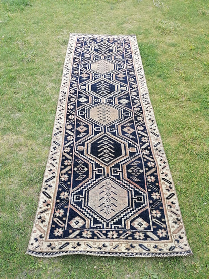 Persian runner rug, navy runner rug, blue vintage runner 3'2x9'8 handmade runner, hallway runner, kitchen rug