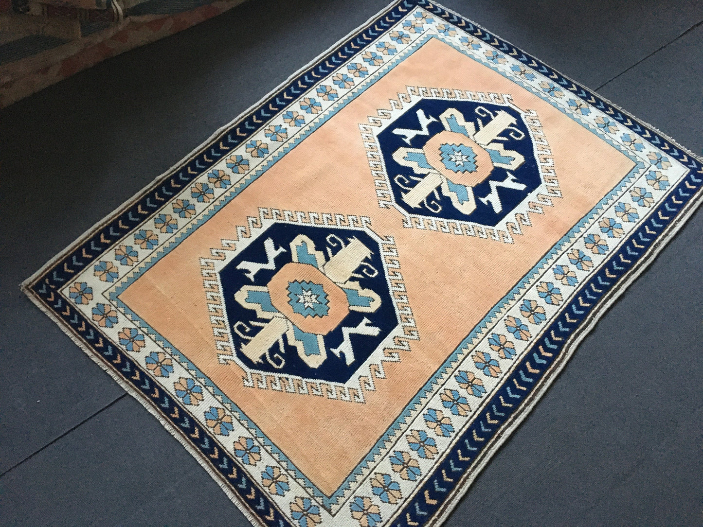 4x6 feet blue turkish bedroom middle rug, handmade orange kitchen floor large rug, vintage living room area rug, bohemian anatolian wool rug