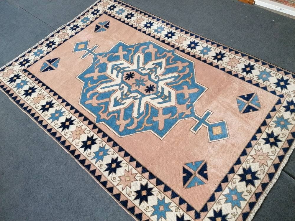 Vintage blue rug 5x7'4 turkish handmade rug, bohemian rug, living room rug, oushak vintage rug