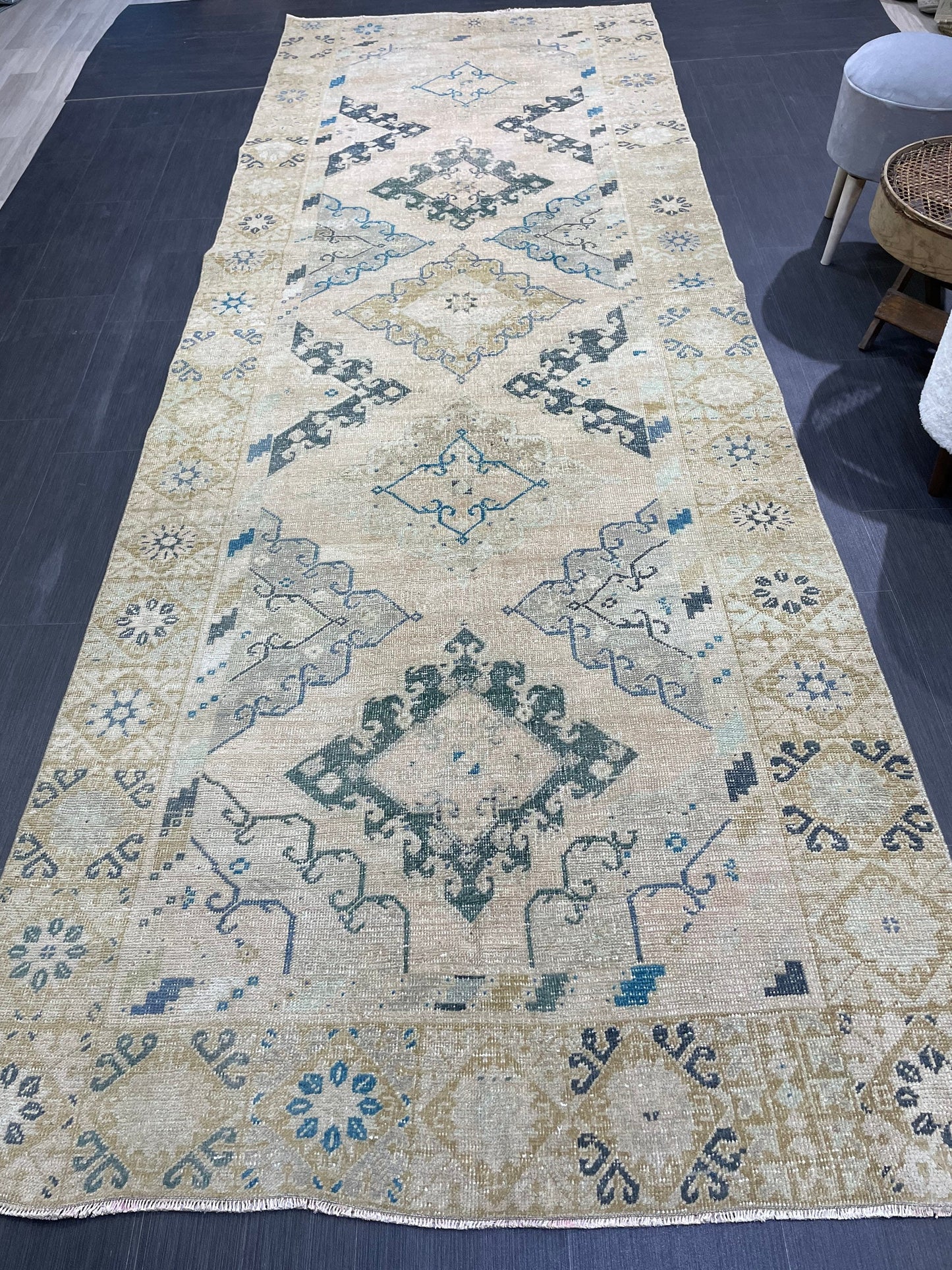 Vintage RUG, Antique Rug, 4.6 x 12.9 Distressed Muted Rug, Muted Wool Neutral Rug, Handmade Rug, Vintage Turkish Rug, Hand Knotted Rug,