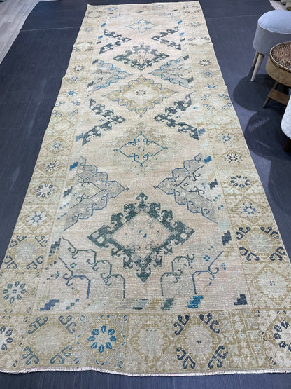 Vintage RUG, Antique Rug, 4.6 x 12.9 Distressed Muted Rug, Muted Wool Neutral Rug, Handmade Rug, Vintage Turkish Rug, Hand Knotted Rug,