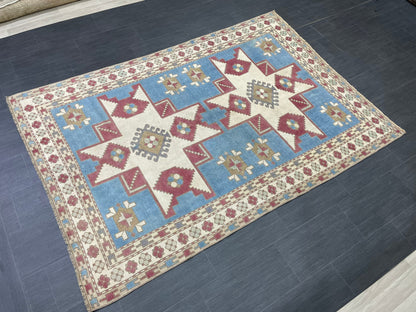 Hand Knotted Rug 5.3 x 7.6 Handmade Rug, Blue Oushak Rug Navy Vintag Rug BLUE Rug Turkish Rug, Farmhouse Rug, Vintage Rug, Wool rug