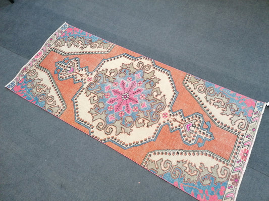 3x7 feet vintage runner rug, handmade kitchen medium runner rug, oushak entryway runner, destroyed color runner, bathroom area runner rugs