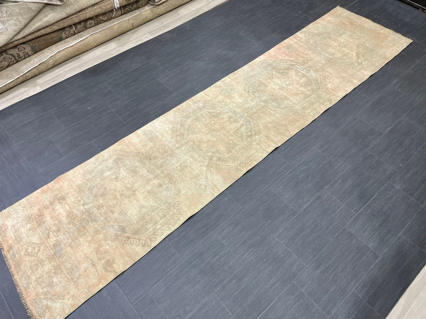 Muted Vintage Runner Rug 2.7 x 12.2 Muted Turkish Runner Star Rug Muted Oushak Runner Rug Hallway Runner Kitchen Runner Rug Wool Runner