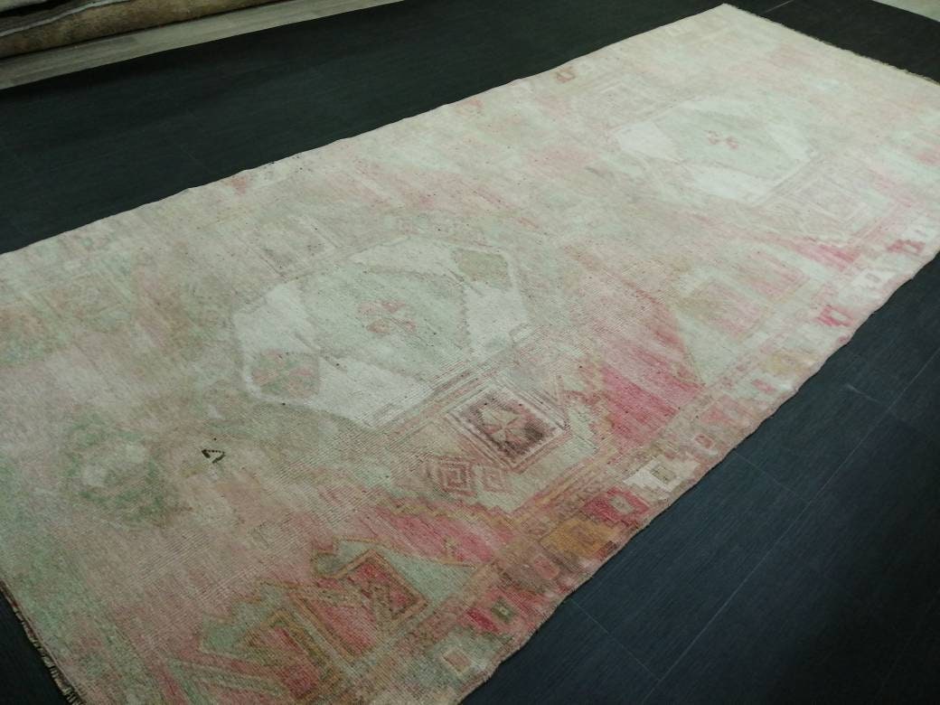 Vintage Runner 4.7 x 11.4 TURKISH Muted Runner Rug Vintage Oushak Runner Rug Light Pink Runner Rug Wool Oriental Runner Antique Runner Rug