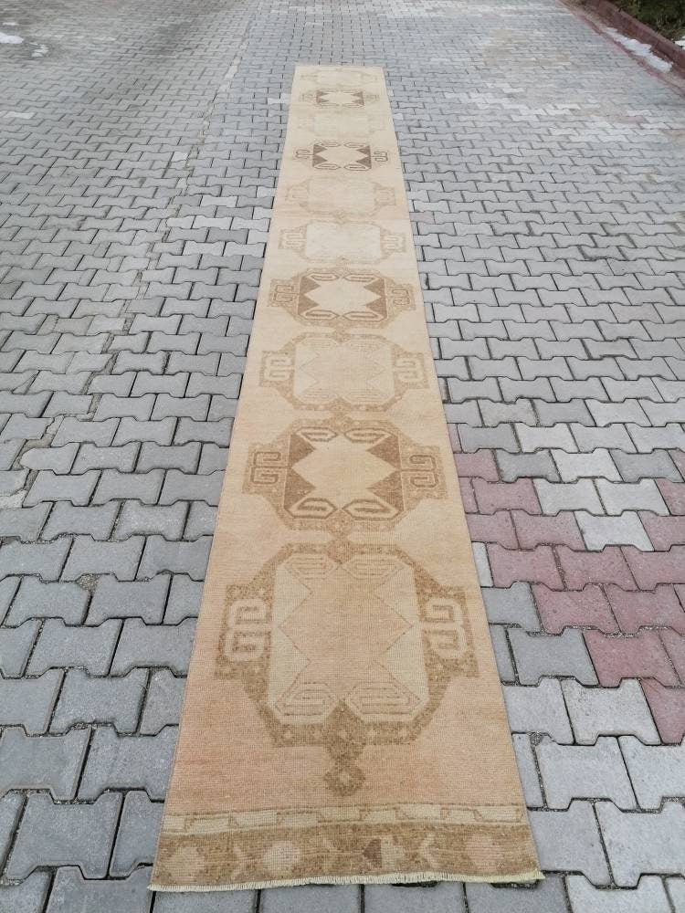 21'4x2'7 long handmade wool runner, neutral oushak runner rug,hallway vintage runner rug,