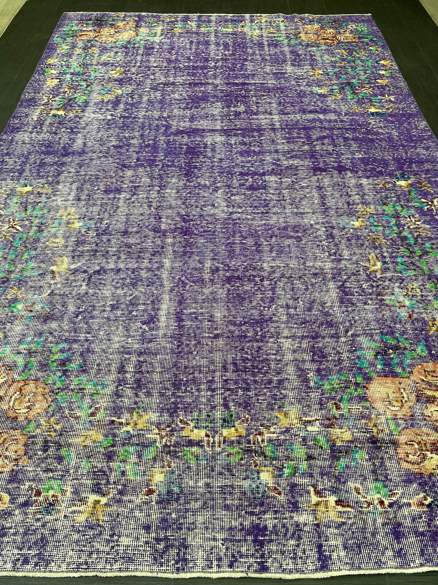 Vintage Rug 7 x 10.8 TURKISH Handmade Rug Violet Purple Vintage Hand Knotted Rug Distressed Persian Rug Oushak Rug, Wool Rug