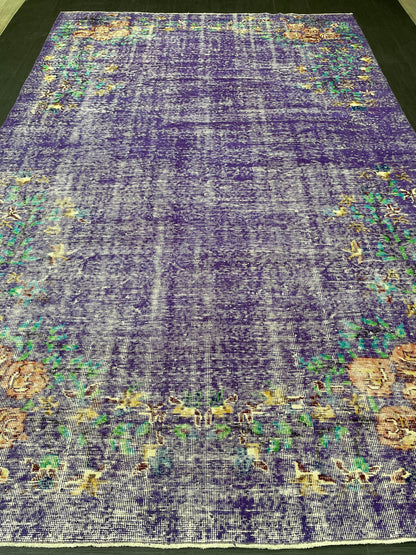 Vintage Rug 7 x 10.8 TURKISH Handmade Rug Violet Purple Vintage Hand Knotted Rug Distressed Persian Rug Oushak Rug, Wool Rug