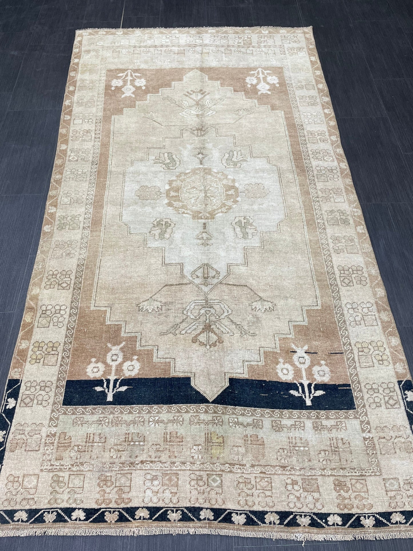 MUTED Handmade 4 x 7.3 Rug Vintage Turkish  Rug Brown Soft wool Rug NATURAL Wool Rug, Living Room Rug, Oushak Rug, Hand Knotted Kitchen Rug