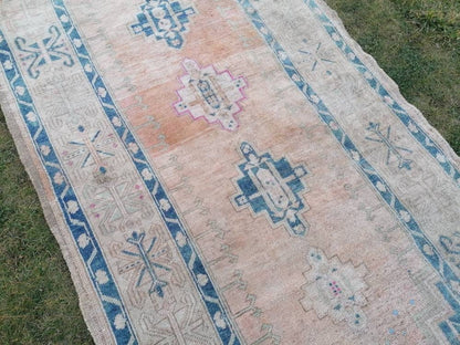 4'6x12 vintage turkish runner rug, oushak vintage rug, handmade hallway runner, kitchen wool runner