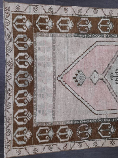 Turkish Rug Pink and Brown Oushak Rugs 3.5 x 6.2 Rug Wool Oriental Rug Hand Knotted Rug Small Farmhouse Rug, Vintage Rug Hand Made Rug