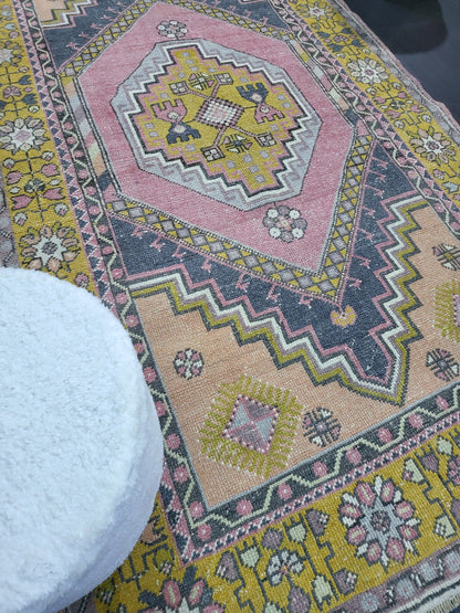 Vintage Rug,  TURKISH 4.2 x 7.4 HANDMADE Rug, Vintage Turkish Rug, Oushak Rug, Turkish Oushak Rug, Vintage Handknotted Rug, Wool Rug