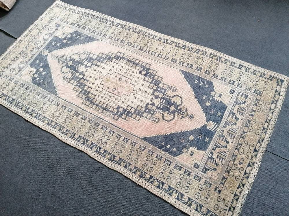 Oushak turkish wool rug 4'1x7'10 turkish handmade rug, vintage rug,kitchen rug, living room rug, bohemian rug