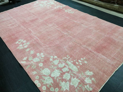Pink Vintage Rug 6.6 x 10.6 TURKISH HAND MADE Rugs   Vintage Turkish Rugs  Pink Orient Rug Persian Rug, Vintage Oushak Rug, Wool Rug