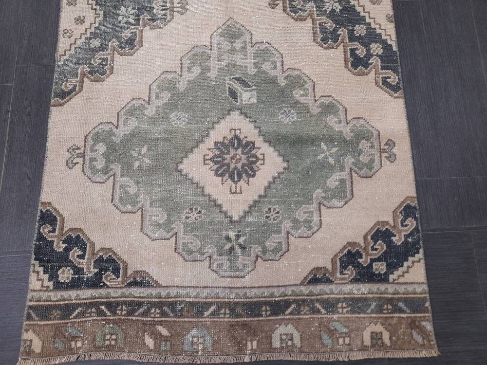 Muted Handmade Runner Rug Muted Turkish Runner Rug 3 x 12.6 Vintage Runner Rug Hallway Runner Rug Kitchen Runner Rug Pale Wool Oushak Runner