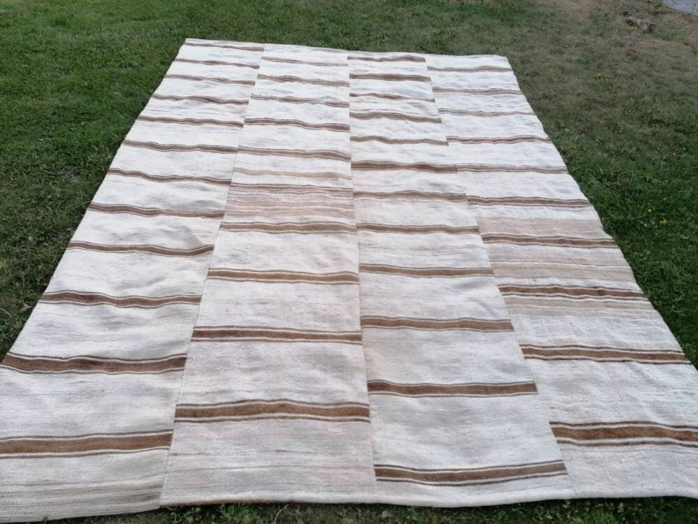 8x12 feet flatweave wool kilim, neutral color stripe rug handmade turkish kilim rug, oversize oushak brown kilims, hallway kilims