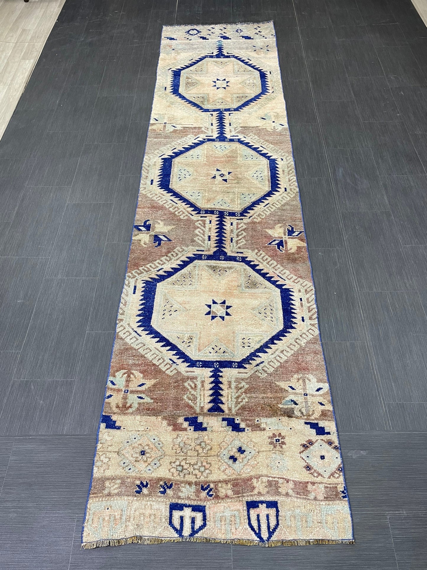 Muted Vintage Runner Rug 2.8 x 11.4 Muted Turkish Runner Star Rug Navy Oushak Runner Rug Hallway Runner Kitchen Runner Rug Wool Runner